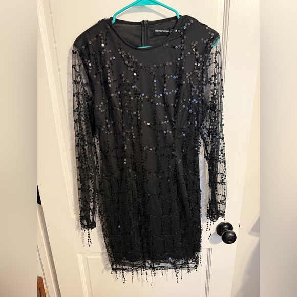 PrettyLittleThing Black Sequin Mini Dress with Bateau Neckline - Picture 6 of 11